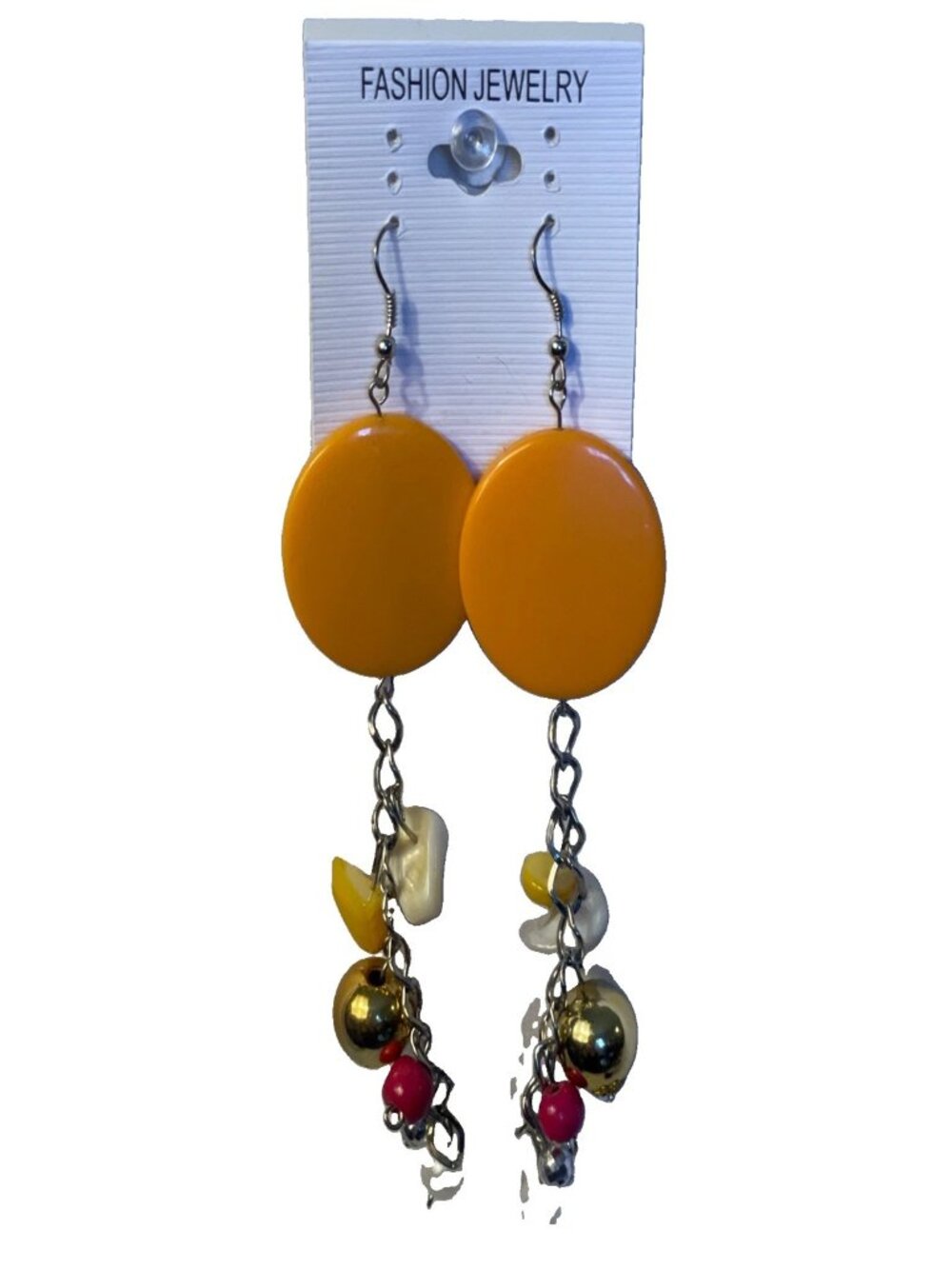 Orange Disc Dangle Earrings 5" Long Large Gold & Small Multicolored Beads Drop